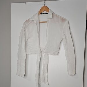 Zara Sheer White Blouse with Tie Detail